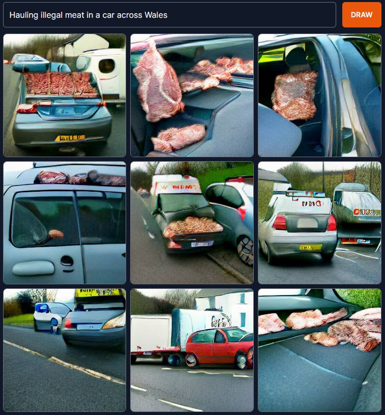 This meme is a collection of images showing a car filled with large quantities of raw meat, with the meat spilling out of the car's windows and doors. The images are captioned "Hauling illegal meat in a car across Wales". The meme is likely referencing a humorous and absurd scenario of someone trying to smuggle a large amount of meat, possibly for a food-related event or a prank.